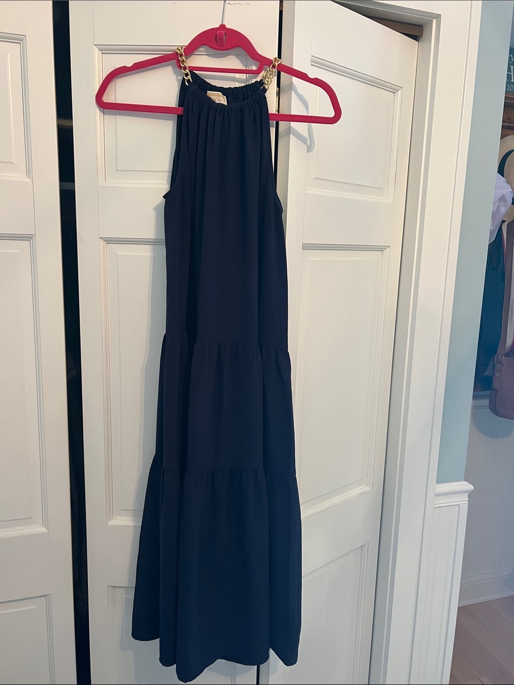 Chain-Detail Navy Tiered Halter  Maxi Dress